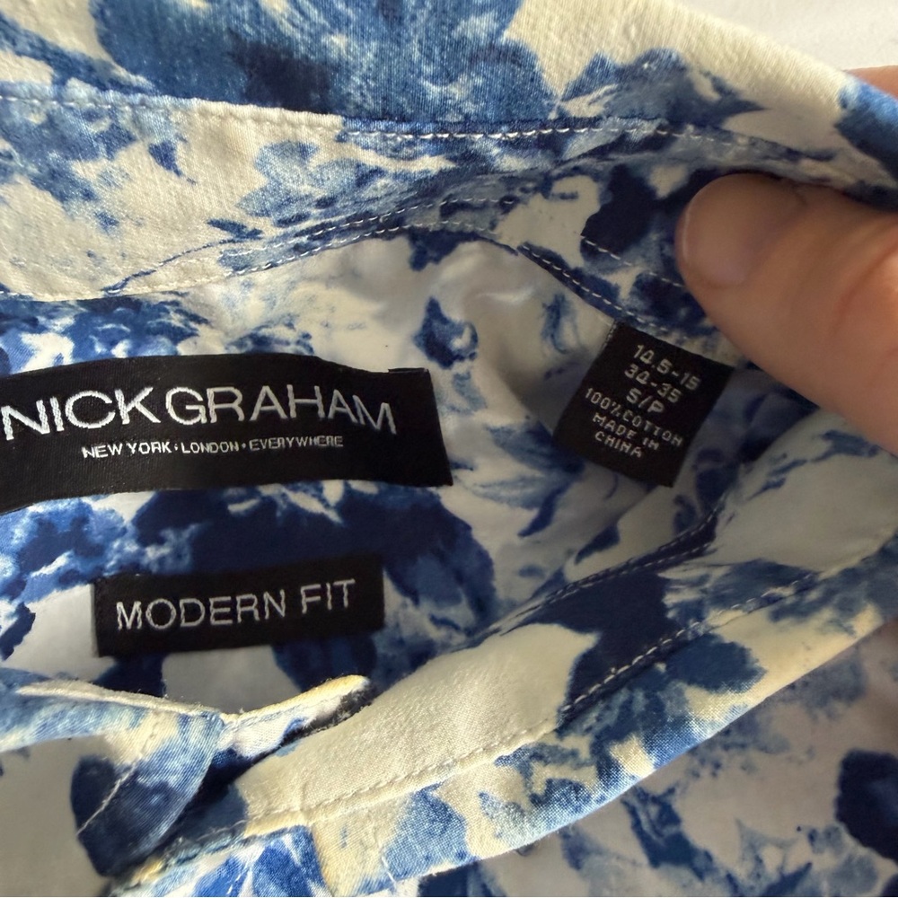 Nick Graham 100% Cotton Modern Fit Blue White Floral Men's Button Down Shirt - Picture 11 of 14